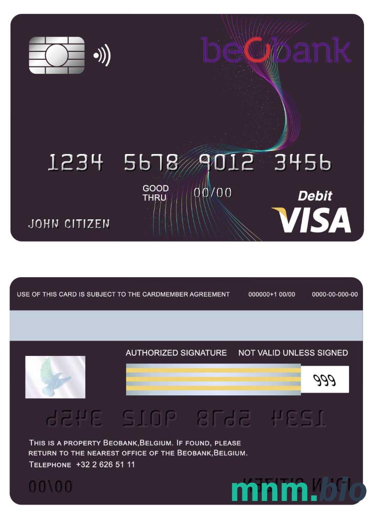 Belgium Beobank przykład karty visa w formacie PSD